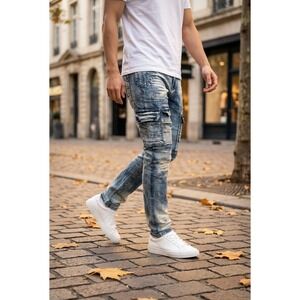 True Indigo Men Moto Cargo Jeans Blue Washed Slim Fit 30x32 Biker Streetwear Y2K